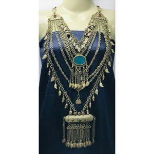 Oversized Multilayers Vintage Bib Necklace With Dangling Amulet Style Pendant